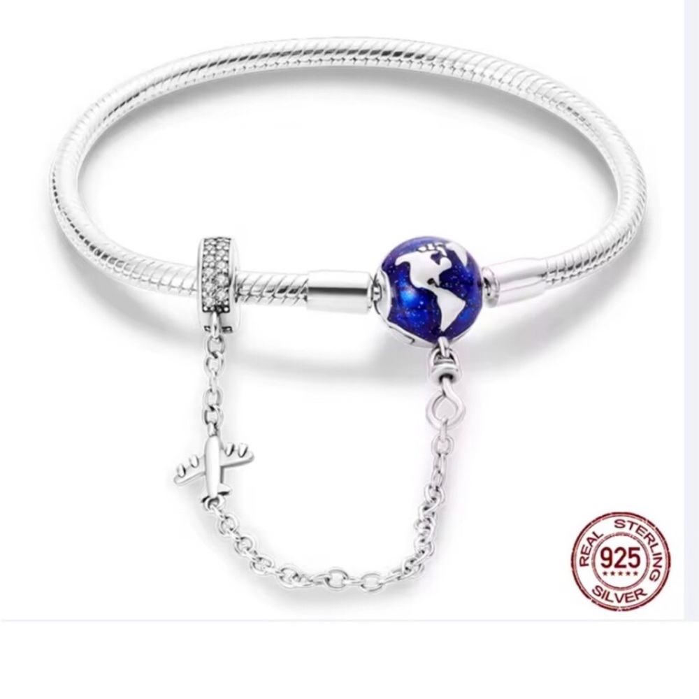 Sterling Silver Travel Charm Bracelet with Blue Globe Bead
